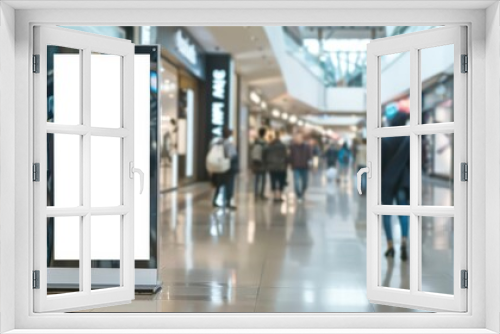 an elegant rollup banner stand in a bustling shopping mall the mockup displays a blank white surface ready for customization shoppers pass by in the background