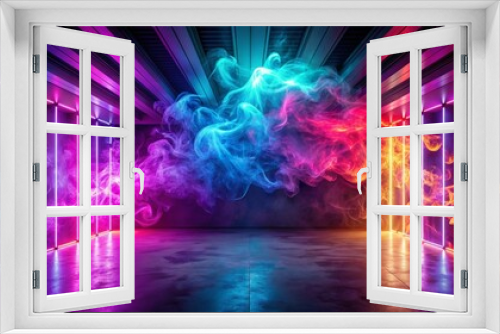 Neon Smoke & Glowing Lines - Empty Concrete Room with Vibrant Color - 3D Rendering