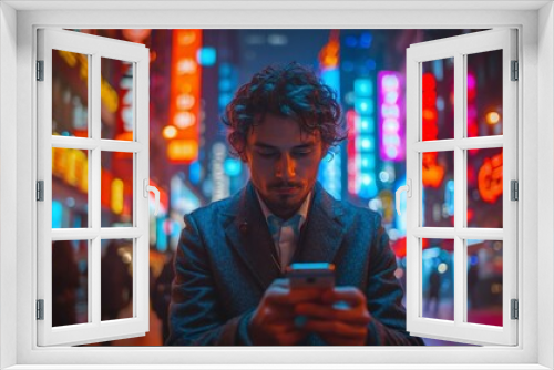 Young man engrossed in smartphone amidst vibrant neon-lit city street, night scene with colorful illuminated signs and bustling urban backgroundNight