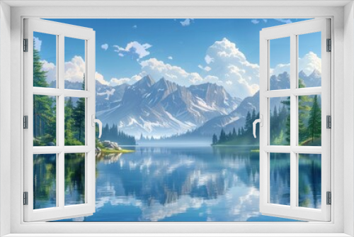 A crystal-clear alpine lake surrounded by pine trees and rugged mountains, with a reflection of the sky on the water, illustration background