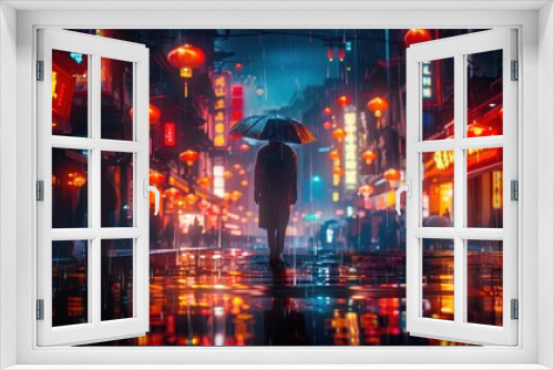 Neon-lit Chinatown street with rain-soaked reflections, cyberpunk vibes, hyper-detailed, single figure under a streetlight, illustration background