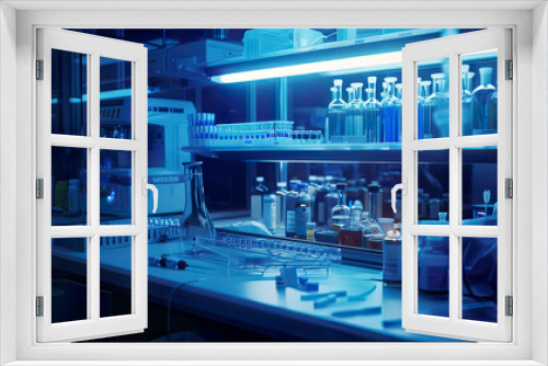 Scene of adding samples inside a biosafety cabinet sterile lab environment detailed equipment and process cinematic lighting 