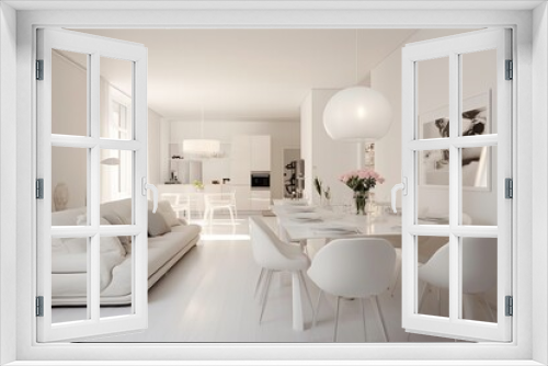 a living room with white walls and hardwood flooring, including a large green plant in the center of the room.