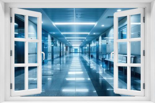 Hospital corridor with directional signs and hand sanitizer stations. 