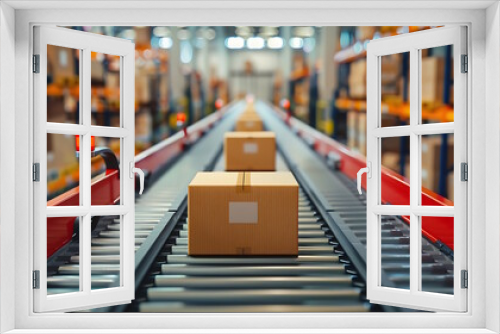 Boxes on a conveyor belt against a background of many stacks of cardboard boxes.	