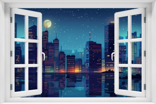 Nighttime city scene with building illustrations.