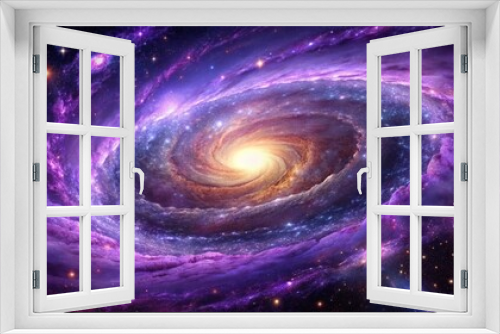 Vibrant purple nebula swirls around majestic spiral galaxy amidst glittering stars and eerie dark matter in distant cosmic expanse.