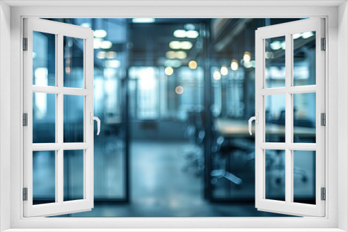 Beautiful, blurred background of modern office interior in gray tones with glass windows, glass partitions.