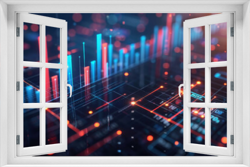 Digital abstract financial data analysis chart with glowing red and blue bars on a technology background