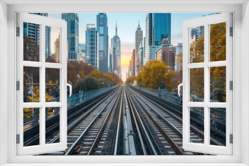 Railway tracks through a bustling urban city with skyscrapers and busy streets on either side