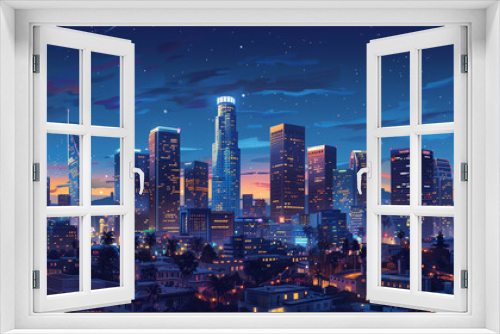 Illustration of urban cityscape at night with blue hues, depicting modern architecture