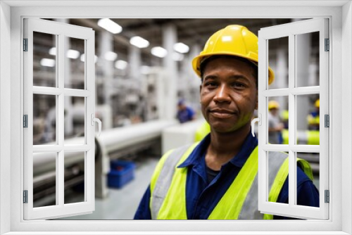 A factory worker in a yellow hard hat and safety vest smiles at the camera in front of a bustling factory floor with machinery and coworkers