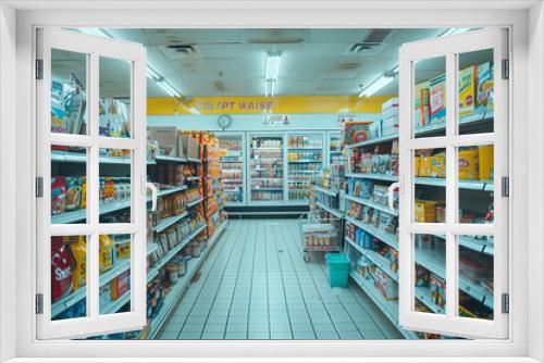 Selective focus of A view of the aisles in a convenience store with no people around.