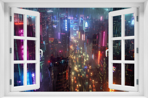 A vibrant futuristic cityscape drenched in rain, illuminated by neon lights and bustling with nighttime traffic.
