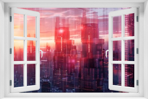 Digital Mesh Cityscape: Futuristic Skyline at Dusk
