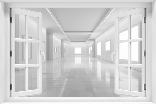 White gallery with empty mockup poster. Template for museum banner. 3d loft office interior with light wall and blank frame, architecture exhibition