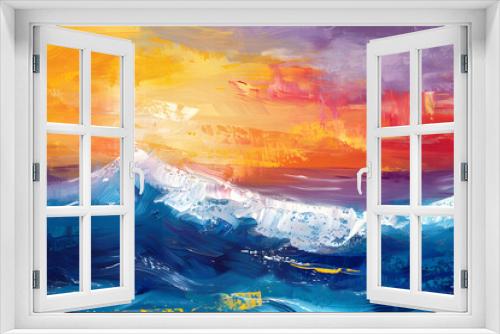 Pastel wave and orange sky abstract ocean painting