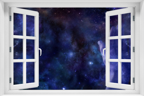 Fototapeta Naklejka Na Ścianę Okno 3D - Cosmic healing banner - Pair of open flat transparent blue hands on a wide deep dark blue space background with a copy space on right side
