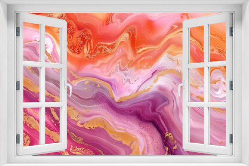 Close up of pink marble background, orange and gold color, intricate landscapes.