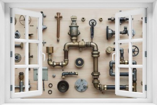 A meticulously arranged collection of plumbing parts and tools on a wooden surface, showcasing a variety of metal fittings, valves, and pipes