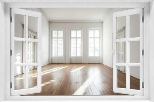 White empty room with windows and parquet floor