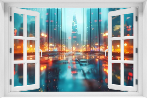 Night Cityscape reflected on a wet surface under vibrant orange lights, creating a dreamy urban scene.