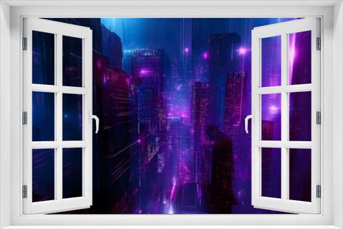 The image features a pink and blue digital city with elements of future technology and an alien-like aesthetic, set against a backdrop of pink and blue landscape and wallpaper.