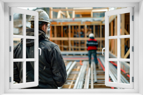 A man in a hard hat stands in front of a building under construction