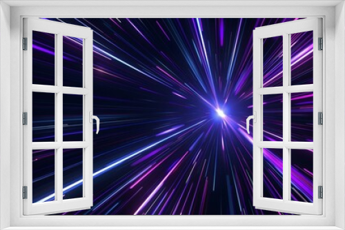 abstract background with blue and purple neon lines, glowing rays of light on a black backdrop. A digital futuristic design