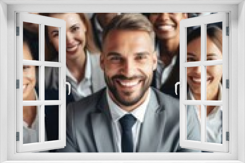 A group of people in suits and ties are smiling and posing for a photo. Scene is happy and professional