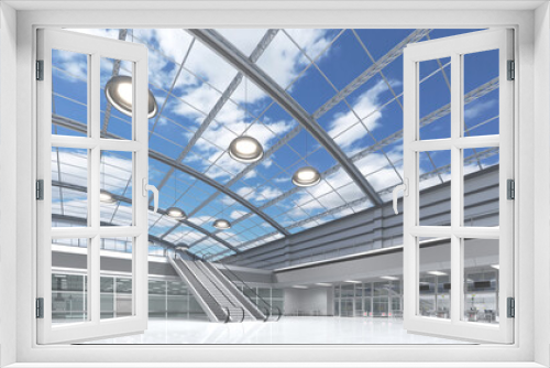 Fototapeta Naklejka Na Ścianę Okno 3D - Shopping mall interior with store facades, escalators and a vaulted transparent roof overlooking the sky with clouds. 3d illustration