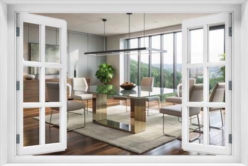 Modern dining room featuring a sleek glass table , contemporary, luxury, interior, design, elegant, decor, stylish