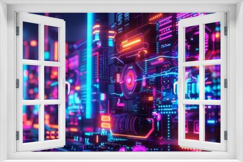 Graphic design trends 2024, futuristic, neon colors, digital illustration, holographic and 3D elements.,