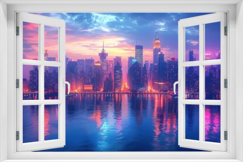 Twilight Splendor: Vibrant City Skyline with Illuminated Skyscrapers and Water Reflections