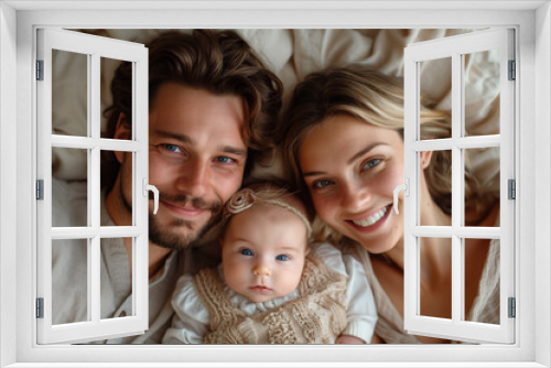 A top view of a happy father, mother and baby daughter laying on the bed, hugging each other in love, laughing together.