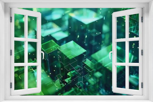 Mossy green and deep blue polygons in an abstract tech futuristic scene.