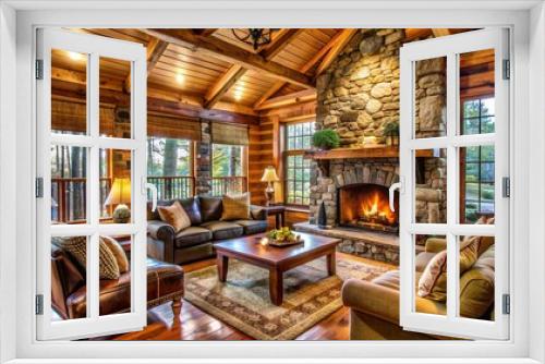 Warmly lit, opulent cabin interior with crackling stone fireplace, plush furnishings, and rustic wood accents exuding serene, peaceful ambiance.