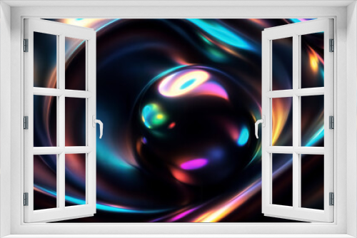 Abstract background with smooth 3D sphere that rotates in a swirling motion, set against a  neon light, liquid hologram environment, dynamic vibrant effect with wavy pattern.