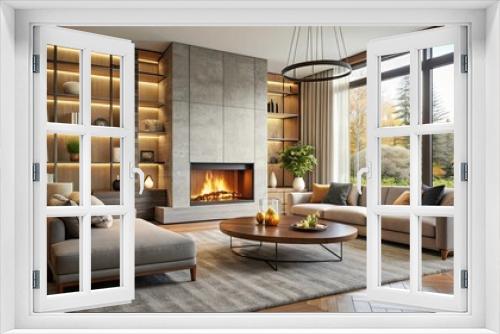 Modern living room with cozy fireplace and plush furniture , cozy, modern, living room, fireplace, interior, design, decor