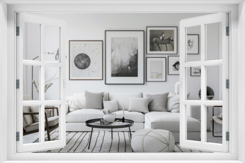 Modern living room showcasing a stylish gallery wall, sleek furniture, and decorative accents in a monochromatic theme.