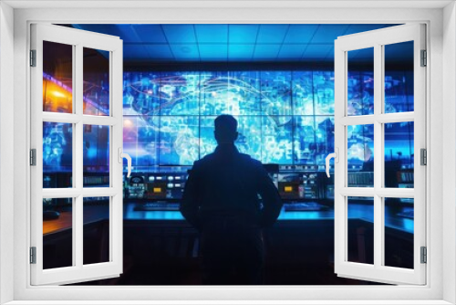 A person standing in front of a high-tech control room with multiple screens displaying data and maps, symbolizing cybersecurity and technology. Media Decor