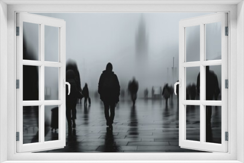 Silhouettes of lost lonely and depressed people on gloomy misty rainy night city urban street