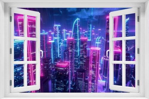 Glowing cyberpunk cityscape with neon lights and buildings in the background