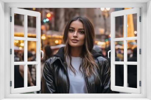 a woman in a black leather jacket standing in the middle of a city street