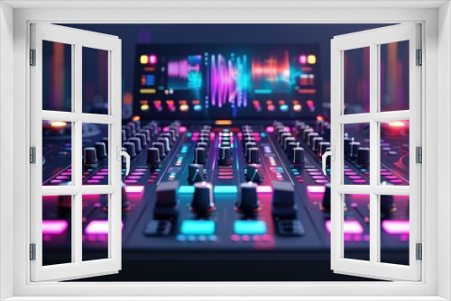 Close-up of a colorful DJ mixer and soundboard with vibrant lights and waveforms, capturing the essence of music production.