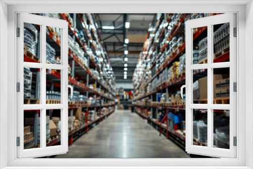 An extensive auto parts warehouse with rows of shelves stocked with inventory, showcasing organized and efficient storage