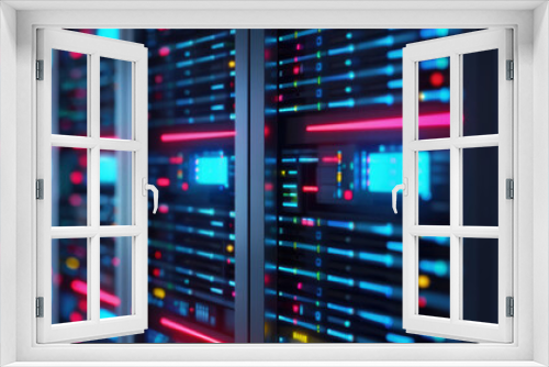 Blurred data server racks in modern data center with colorful LED lights indicating processing activity.