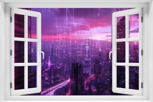 Futuristic cityscape at twilight with glowing digital overlays, high-rise buildings with dynamic, illuminated lines representing data flow, vibrant and detailed, ultra-modern architecture, blending ph