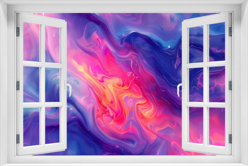 Abstract swirling pattern of vibrant pink, blue, and yellow hues.