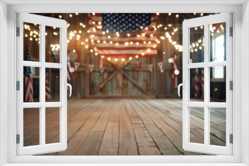 A rustic Fourth of July podium display set against a backdrop of a rural barn decorated with American flags, bunting, and festive lights